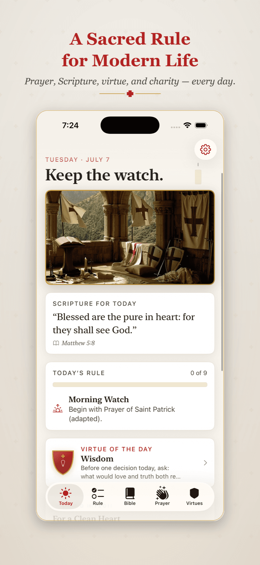 Commandery Today screen showing Scripture, a daily rule, and virtue practice