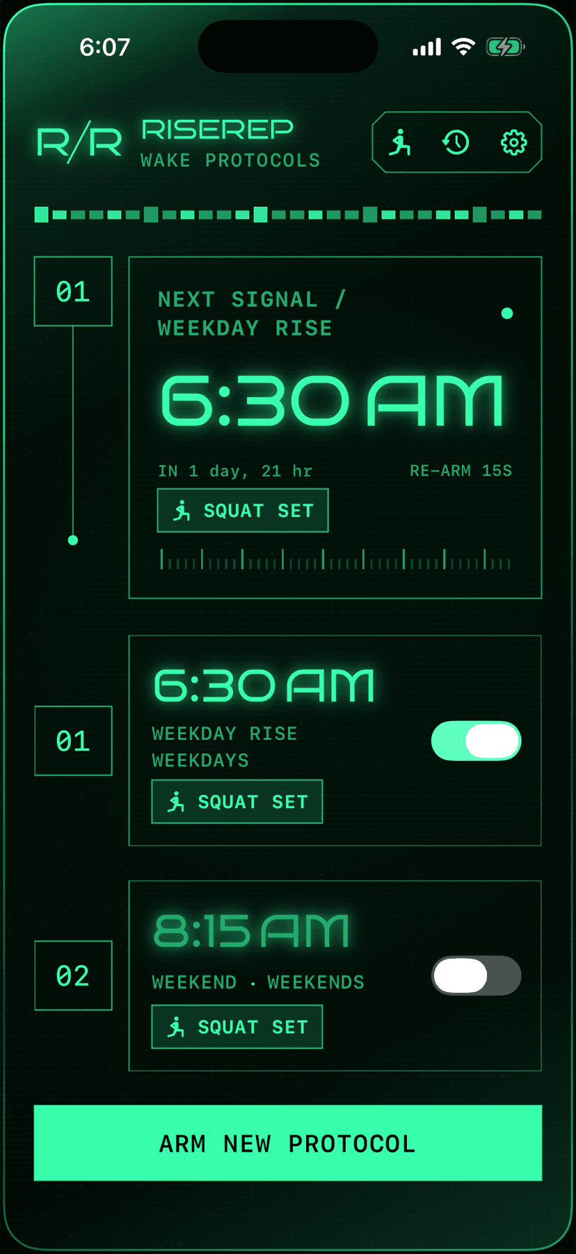 RiseRep alarm list showing the next wake signal and squat missions