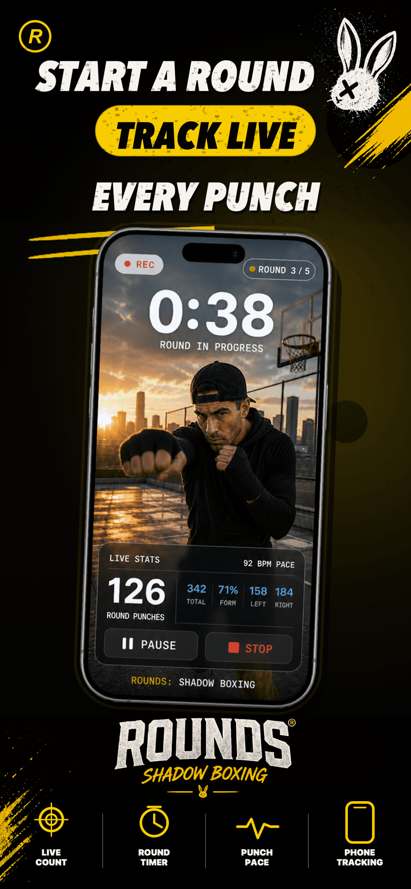 ROUNDS live shadow boxing screen with round timer and punch tracking
